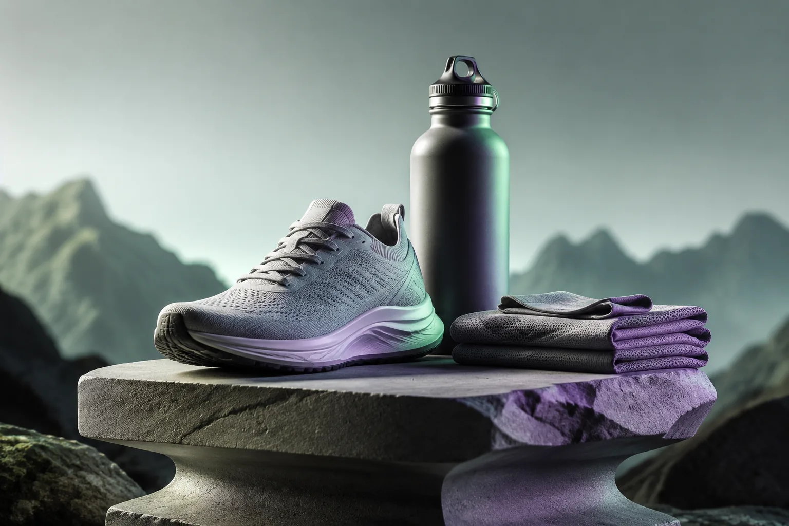 An original commercial still life with an unbranded shoe, bottle and fabric on sculpted plinths