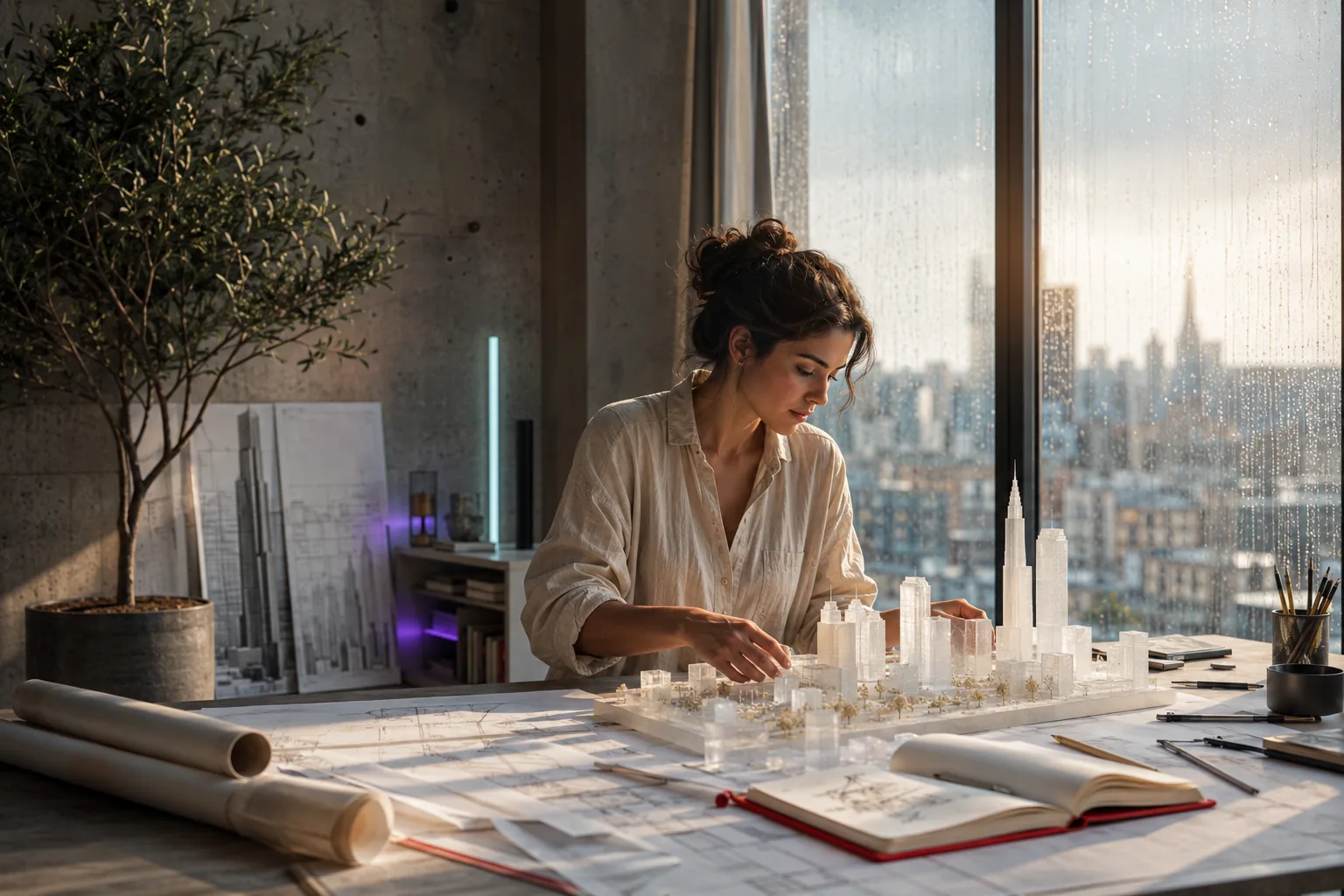 A richly detailed architect studio at blue hour with models, plans, rain-lit windows and realistic materials