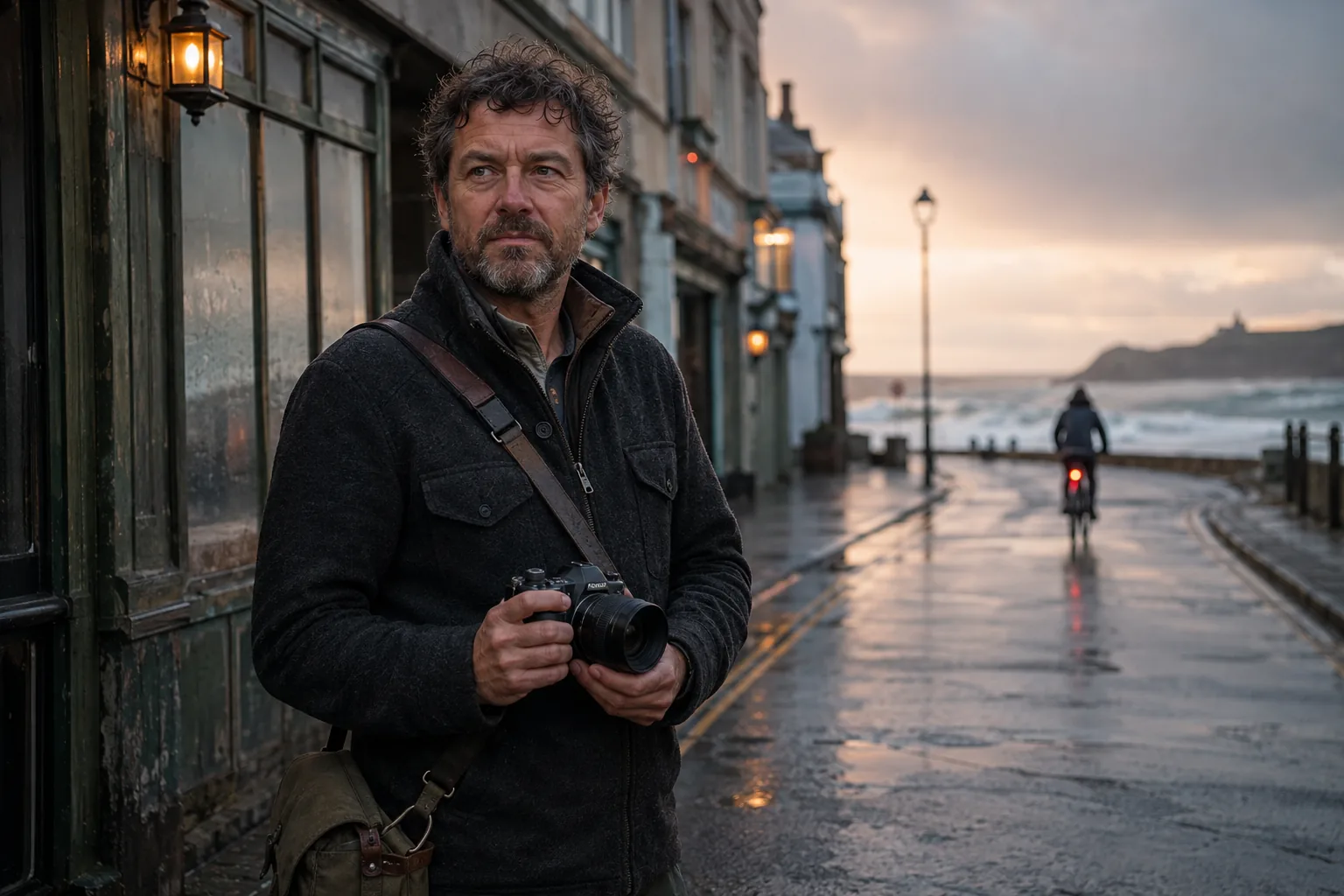 A photoreal documentary scene of a photographer at a rainy coast with a distant lighthouse