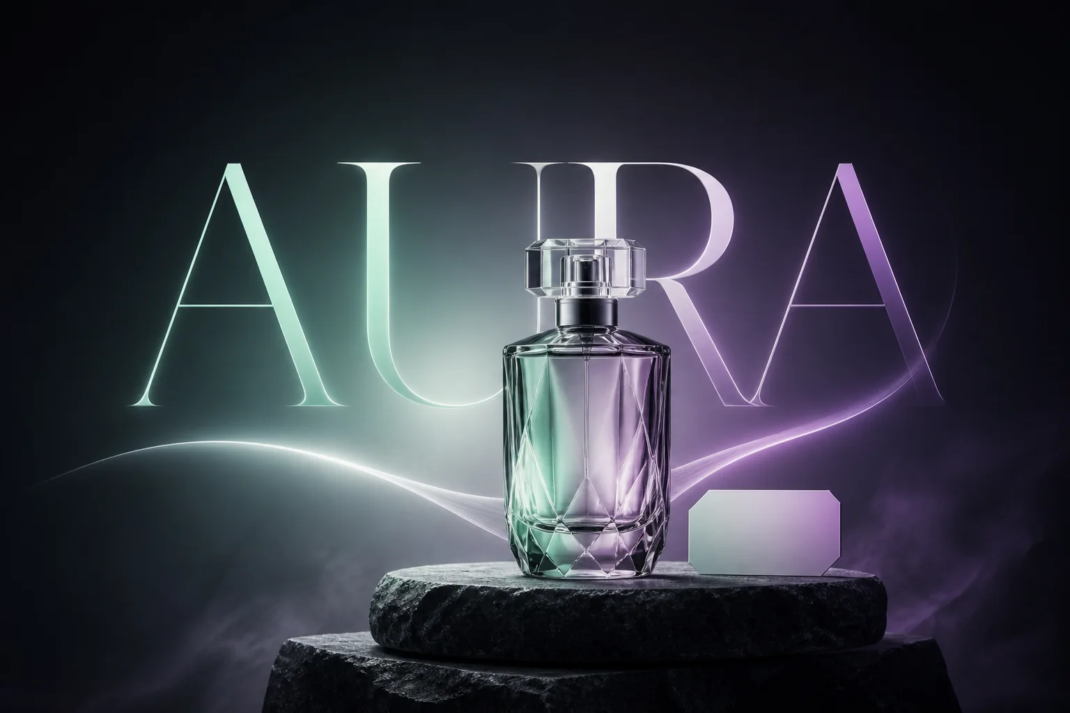 A luxury perfume campaign with the clear headline AURA in mint and violet studio light