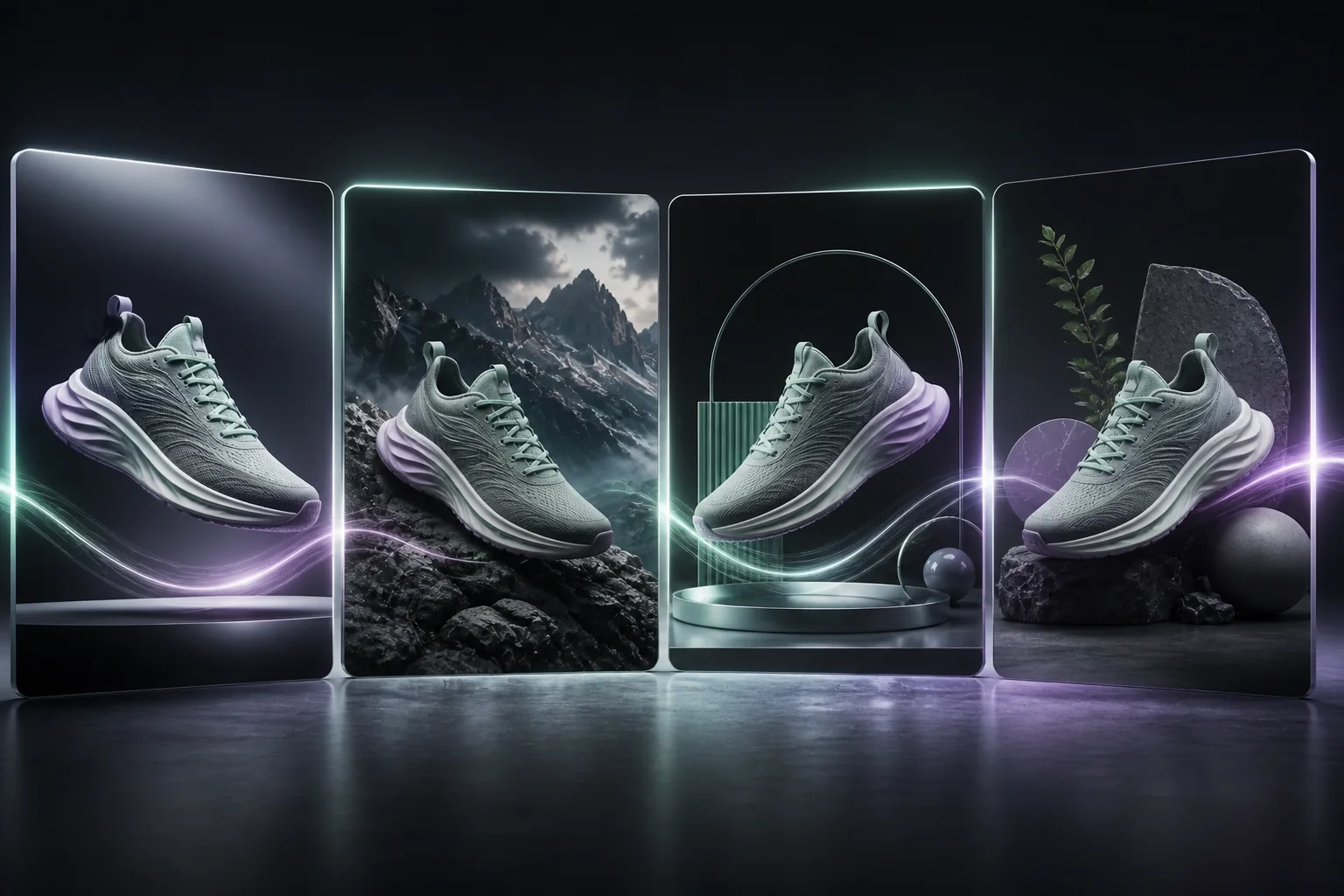 The same unbranded running shoe shown in four distinct AI model directions