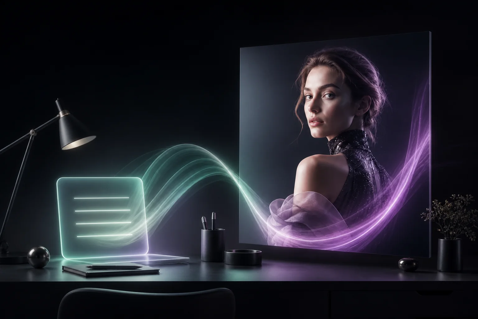 A glowing plain-language prompt flowing into a finished editorial portrait in the ClipLumi visual style
