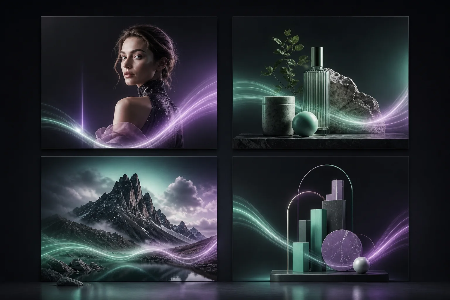 A four-panel gallery of portrait, product, landscape, and geometric infographic visuals